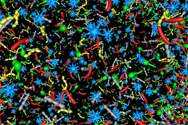 Graphic illustration showing hundreds of colorful microbes on a black background