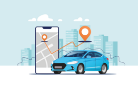 Illustration of a blue car next to a larger-than-life smartphone showing a city map. Both are seen with a city in the background.