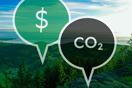 Aerial photo of a forest and lake overlaid with one speech balloon with a dollar sign and another reading “CO2"