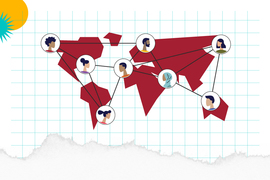 A highly simplified map of the world with icons of people's faces on different continents