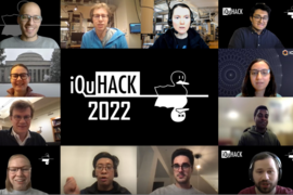 A screencap of a Zoom meeting room showing 12 iQuHACK participants.