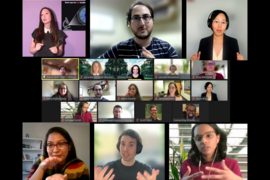 Image of Research Slam competitors, judges, and organizers, all seen in individual boxes in a Zoom meeting