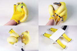 Four photos showing an assistive glove, a soft hand, and a pneumatic quadropedal robot. The fingers of the glove and hand look like bananas.
