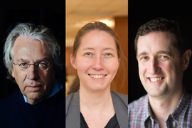 Three portrait photos, from left to right, of a man, woman, and another man.