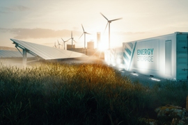 Realistic illustration of a scene with solar panels, wind turbines, and large moduler storage containers marked "energy storage."