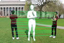 A man stands facing the MIT dome at two angles, and green lines conecting both poses form a front facing figure in the middle, denoting the use of the system to construct a frontal image from two obstructed images of the man.