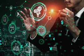 Photo illustration of a man drawing his ideas on an invisible wall