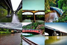 6 AI-generated images show visual interpretations of the phrase, “a train on a bridge and a river under the bridge.”