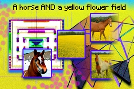 Collage of images produced by AI to satisfy the description “a horse and a yellow flower field"