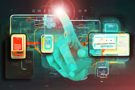 engineering problem solving in the age of ai Artistic collage shows a large teal hand, pointing towards us as if typing on a smart phone, with a lens flare on the tip of the finger. The background is a surreal, AI-generated blend of smart phones, keyboards, teal screens.