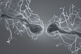 AI-generated photomicrograph of two neurons on a grey background facing each other 