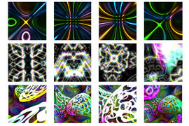 topic for research paper in technology 3 rows of 4 images each show abstract images. Top row looks like colorful neon lights on black background; middle row is like glowing kaleidoscopes, and bottom row is like meshy rainbow brains.
