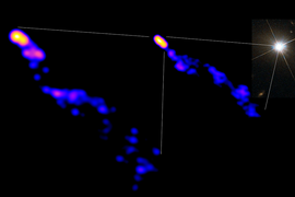 Two different views of the quasar 3C 273 plus, at right, a star-like image. At left and at center are the signatures of a jet of plasma in shades of orange, pink, purple, and blue.