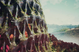 Illustration of a cliff-face of organic triangular shapes in front of a misty vista of a distant bridge and trees