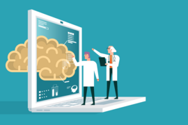 Cartoon of two doctors standing on top of a laptop, gesturing at an image of a human brain 