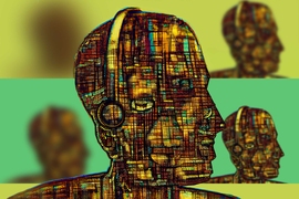 At center, an abstract illustration of man's head with multiple faces, in a style resembling amstained glass mosaic. In the image's four corners are increasingly blurry versions of the head. 