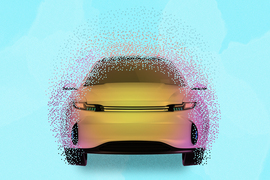 Illustration of a yellow and pink car with dissolved edges is shown with a blue background.