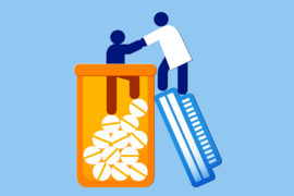 Cartoon illustration of one person standing inside of a pill bottle with a doctor helping them out of it.