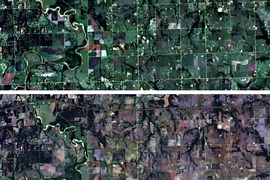 Two satellite views of the same surburban region, the top relatively lush with green and the bottom brown and dry