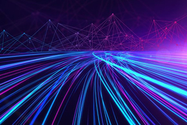 Graphic illustration showing blue and purple lines in the likeness of auto tail lights captured in a long exposure against a purple background. Mountains made of geometric triangle shapes appear in the background.