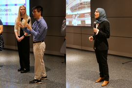 Side-by-side photos: On the left, Eric Wang speaks into a microphone while other contestants observe. On the right, Alaa Algargoosh presents research with an image of the interior of a historic building in the background.