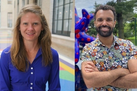 Side-by-side portrait photos of Seychelle Vos and Hernandez Moura Siva, each standing and smiling
