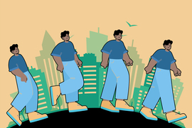 Illustration shows the same person in 4 positions as they walk across a curved city landscape.