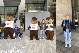 Three examples of people posing with a virtual Tim the BeaVR outside an MIT building. In the first, Tim appears giant-sized; in the second, human-sized; and in the third, palm-sized