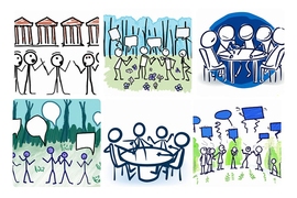 climate change discussion essay An AI-generated array of six cartoons, each showing a set of stick figures talking and debating