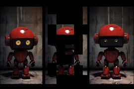 Three panels of small humanoid robots with large heads - two with the full image and one partially covered with black boxes 