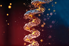 Illustration with a helix that resembles DNA in the middle of the frame, with small circles surrounding it.