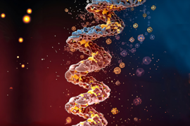 research paper about personality test Illustration with a helix that resembles DNA in the middle of the frame, with small circles surrounding it.
