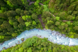 Aerial view of a forest canopy traversed by a river and a road