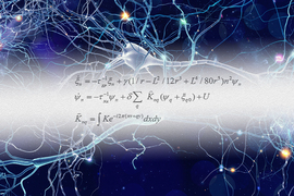Three equations appear embossed on paper through the middle of an image where the top and bottom are realistic illustrations of neurons over a deep blue background.