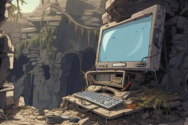 Illustration of a 1990s era computer deposited among other debris at an ancient archaeological site