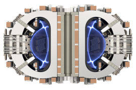 A computer rendering showing a mid-plane view of a magnetic confinement fusion tokamak. The structure consists of two semicircles, filled with a blue glow, connected by a hinge-like structure.