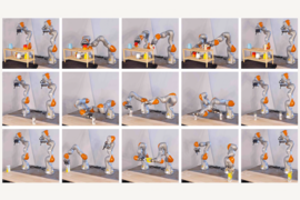 15 photos in a sequential 3x5 grid show two robotic arms working together to pick up an item.
