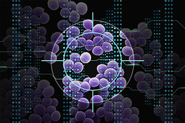 MRSA bacteria, resembling purple cotton balls, overlayed with a deep learning network and a bullseye