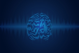 Abstract pixellated image of a human brain with a high-frequency wave form emanating from both sides