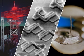 Parts of three photos are composed in one frame. The left shows an air traffic control radar; middle shows an SEM photo of microelectronic devices; and right shows a close-up of a laser.