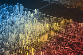 Computer graphic illustration in the style of an aerial view of New York City, in which buildings are colored outlines against a black background. The view is looking down on the southwestern corner of Central Park and midtown west toward the Hudson River