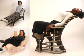 Three students sit in unique wood chairs against a white background