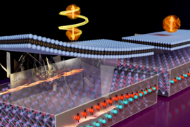 A colorful, 3D computer image comprised mainly of spheres, representing atoms, arranged on and along planes. Some of the spheres are connected by tubes (atomic bonds)