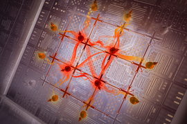 A futuristic quantum computer chip is made of a grid with qubits on the intersections. These red spherical qubits emit flame-like energy between them.