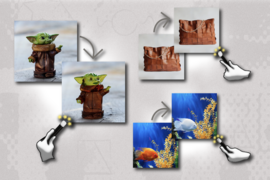 Three icons of a hand holding a wand transform three images into new pictures. In one, a Baby Yoda toy becomes transparent; in another, a brown purse becomes rougher in texture; and in the last, a goldfish turns white.