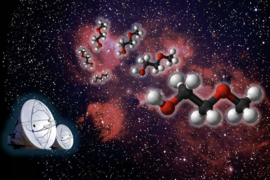 Illustration against a starry background. Two radio dishes are in the lower left, six 3D molecule models are in the center.