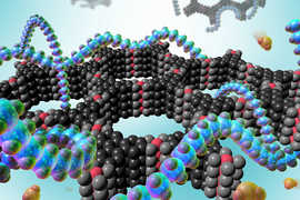 Colorful rendering shows a lattice of black and grey balls making a honeycomb-shaped molecule, the MOF. Snaking around it is the polymer, represented as a translucent string of teal balls. Brown molecules, representing toxic gas, also float around.