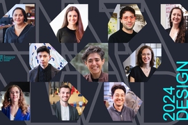 Ten portrait photos are featured in geometrical shapes on a dark blue background. Text indicates "2024 Design Fellows"