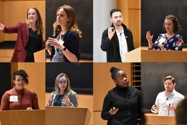 8 small photos of people giving presentations