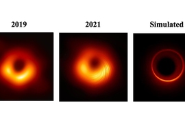 Three rings of light against a black background. The first is large and diffuse, the second is large and diffuse with precise striations in the light, and the third is thin and precise.